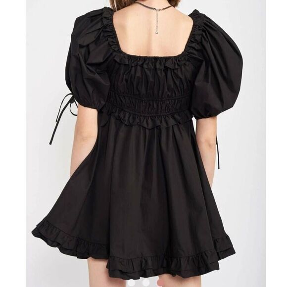 NWT En Saison Dress Women's Medium Black Cotton Poplin Mini Puff Sleeve - Picture 6 of 6